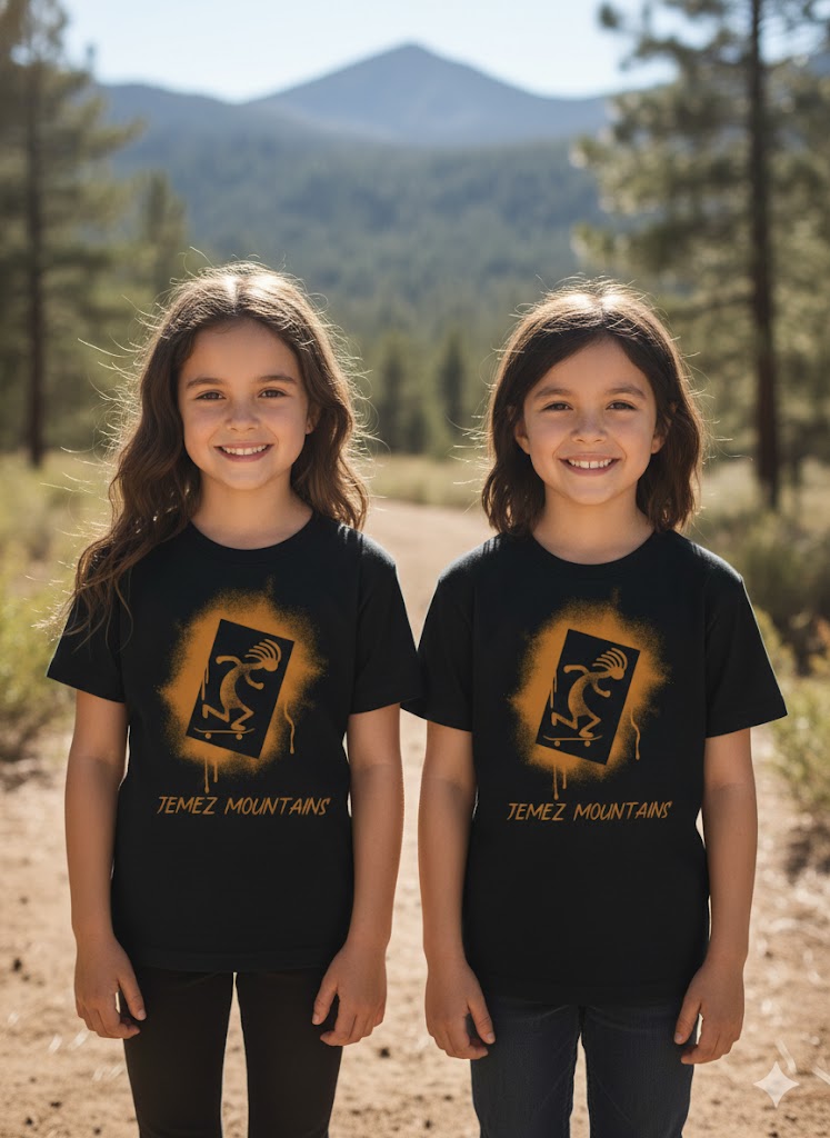 Jemez Mountain YOUTH T-Shirt | Kokopelli on a Skateboard | Short Sleeve Black | 100% Cotton