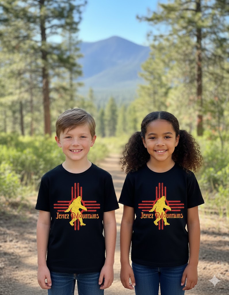 Jemez Mountain Big Foot YOUTH T-Shirt | Glow-in-the-Dark Big Foot Silhouette on Red Zia