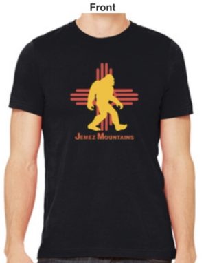 Jemez Mountain Big Foot ADULT T-Shirt | Yellow Big Foot | Red Zia | Black Short Sleeve