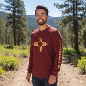 Jemez Mountain Zia T-Shirt | Long Sleeve | Yellow Zia on Cardinal | ADULT Unisex
