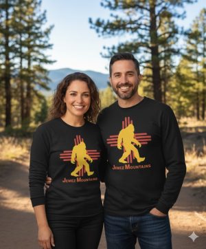 Jemez Mountain Big Foot T-Shirt | Long Sleeve Adult Unisex | Yellow Yeti Silhouette Black Shirt
