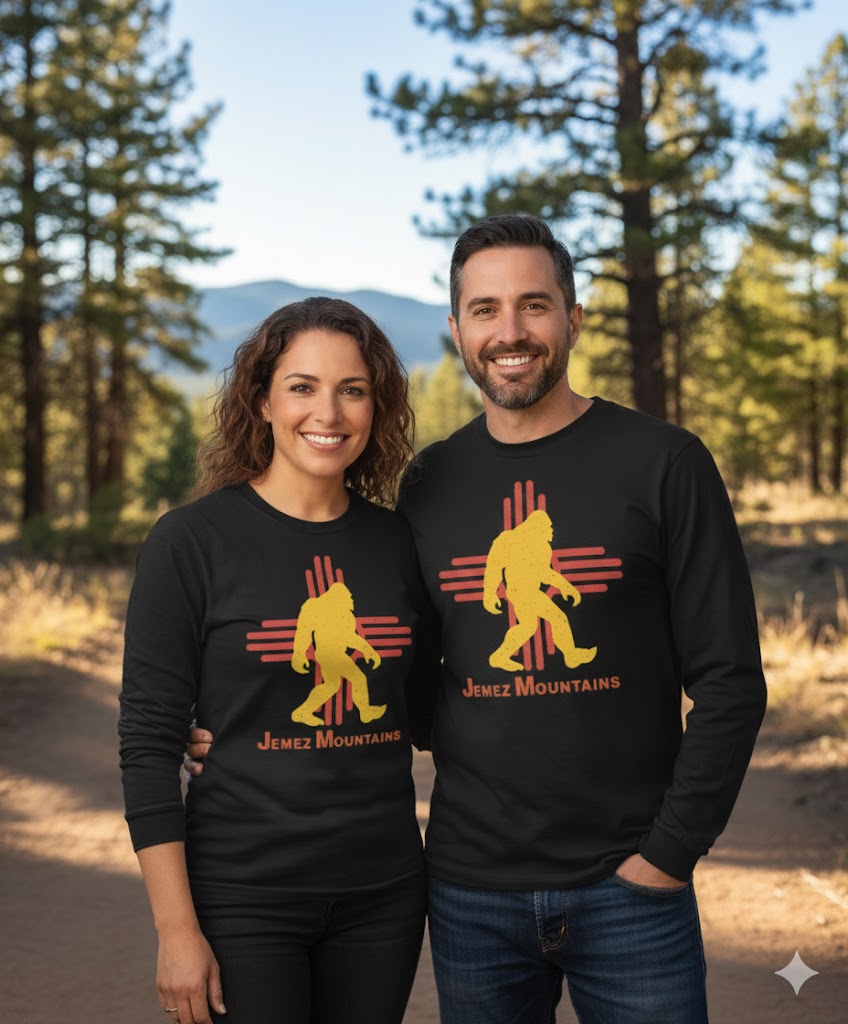 Jemez Mountain Big Foot T-Shirt | Long Sleeve Adult Unisex | Yellow Yeti Silhouette Black Shirt