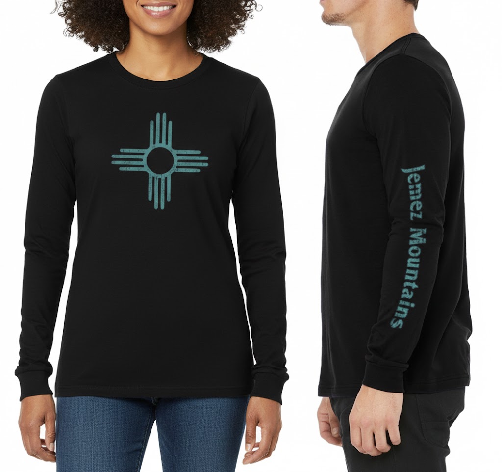 Jemez Mountain Zia T-Shirt | Long-Sleeve | Turquoise on Black | ADULT Unisex