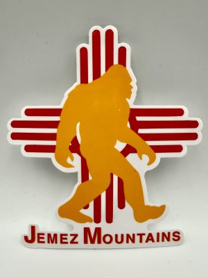 Jemez Mountain Big Foot Zia Sun (V2)Vinyl Sticker | Yellow Yeti | Red Zia Sun Sign on White Background 5”H x 4 5/8” W