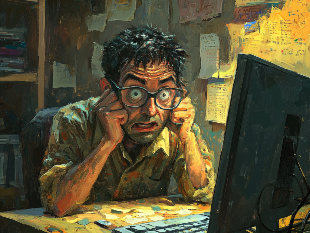 someone working frantically behind a computer posting online, comic, oil painting, jemezvillage.com