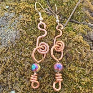 Iridescent Aura Bead Copper Dangle Earrings - Moss
