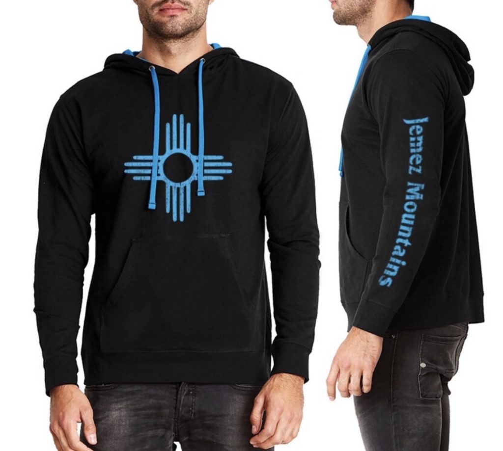 Jemez Mountains Pullover Zia Hoodie | Adult Unisex | Lightweight Black with Turquoise Zia | Matching Turquoise Hood Lining & Tie
