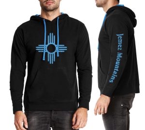 Jemez Mountains Pullover Zia Hoodie | Adult Unisex | Lightweight Black with Turquoise Zia | Matching Turquoise Hood Lining & Tie