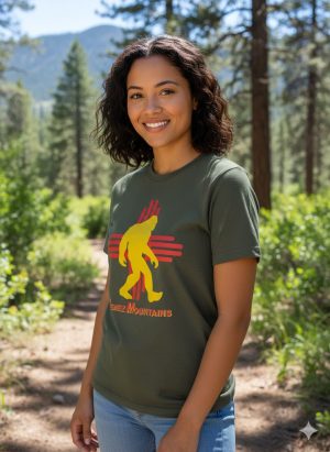 Jemez Mountain Big Foot T-Shirt | Yellow Big Foot Silhouette Red Zia ARMY GREEN Short Sleeve