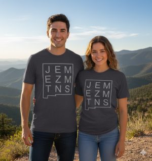 JEMEZMTNS NM State Outline T-Shirt | Short Sleeve Unisex | Gray/Silver Ink on Heather Gray