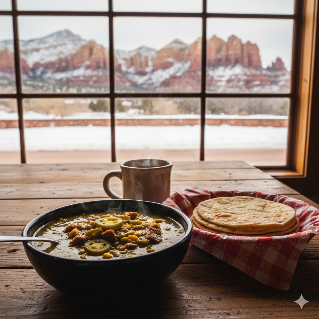 Warm meal with scenic mountain view